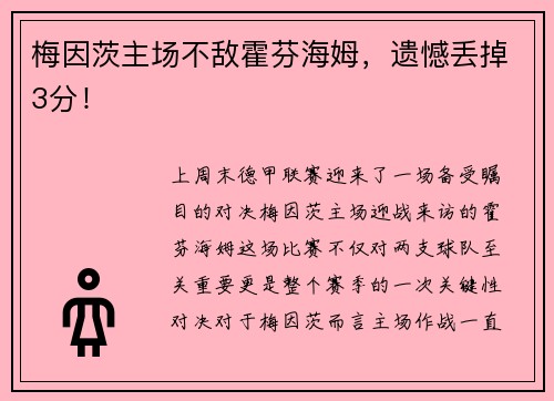 梅因茨主场不敌霍芬海姆，遗憾丢掉3分！