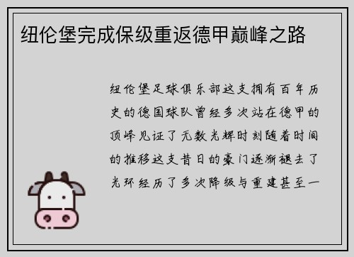 纽伦堡完成保级重返德甲巅峰之路